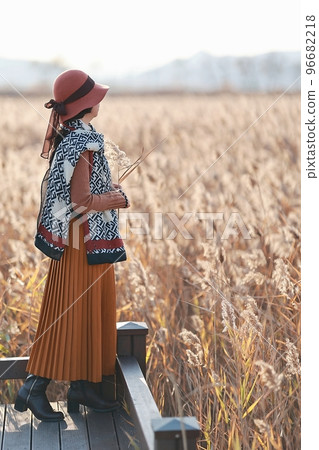 Beautiful autumn scenery, reed field road Beautiful autumn scenery, reed field road 96682218