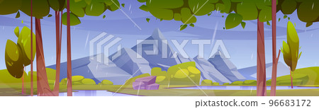 Rain at mountain nature landscape with wet trees 96683172