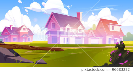 Suburb houses at summer landscape, cottage facades 96683222