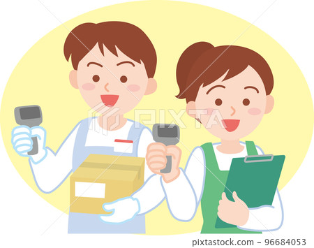 Worker _ Sorting picking delivery work _ 2 men and women with barcode readers _ set _ upper body _ back Worker _ Sorting picking delivery work _ 2 men and women with barcode readers _ set _ upper body _ back 96684053