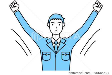 A simple line drawing of a man wearing work clothes doing radio calisthenics 96684527