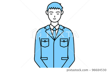 A simple line drawing of a man wearing work clothes with his hands folded in front of his body 96684530