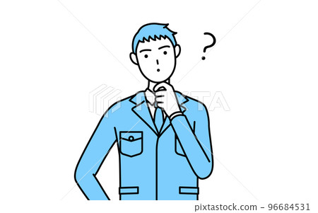 A simple line drawing of a man wearing work clothes with doubts 96684531