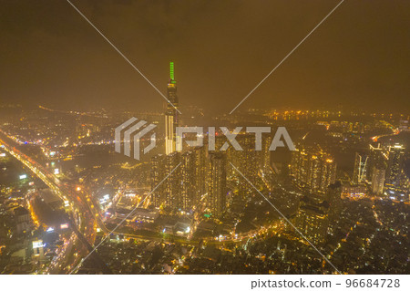 aerial view of Ho Chi Minh City in the morning, Top view aerial photo from flying drone of a Ho Chi Minh City with development buildings, transportation, energy power infrastructure. 96684728
