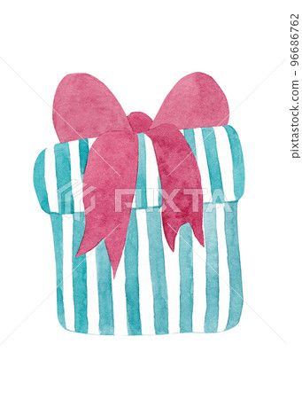 A Christmas gift. Watercolor isolated illustration of a striped gift box with a red bow. Perfect for your holiday decor 96686762