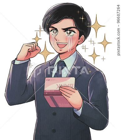 復古的圖形風格,一個樂於擁有更多錢的上班族的插圖,閃閃發光 復古的圖形風格,一個樂於擁有更多錢的上班族的插圖,閃閃發光 96687264