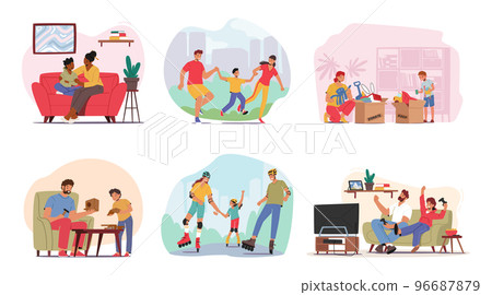 Set Parents Spend Time with Children. Mothers and Fathers Family Characters and Kids Walking, Skating, Playing 96687879