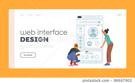 Web Interface Design Landing Page Template. Ux Ui Designer Characters Create Mobile Application Information Illustration 96687903