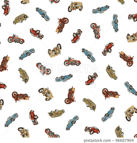 Hand drawn classic car and motorcycle pattern, Hand drawn classic car and motorcycle pattern, 96687904