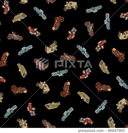 Hand drawn classic car and motorcycle pattern, 96687905