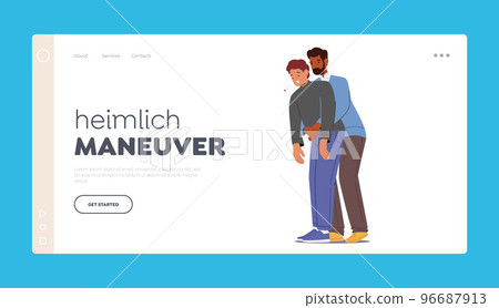 Heimlich Maneuver Landing Page Template. Man Stand Behind Conscious Victim Male Character Vector Illustration 96687913