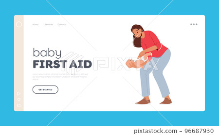 Baby First Aid Landing Page Template. Female Character Mother Trying To Reanimate or Help Newborn Choke-bore Baby 96687930