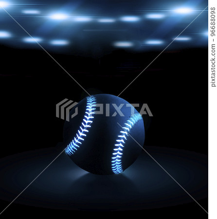 3D rendering of single black baseball ball with bright blue glowing neon lines on a black background under stadium lights 96688098