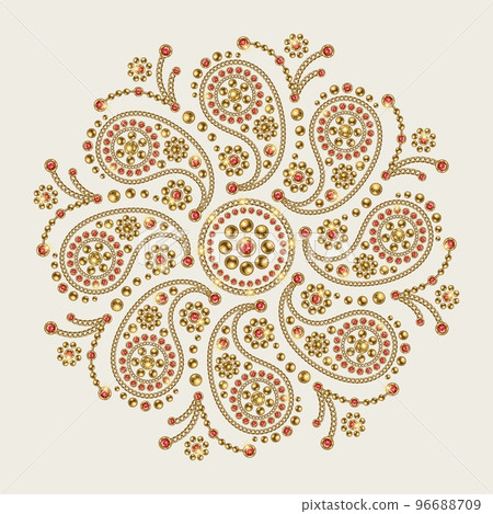 Jewellery luxury mandala with paisley motifs Round ornament made of chains, red gems, rhinestones, beads in vintage style. For prints, poster, cover, textile, carpet, surface design White background Jewellery luxury mandala with paisley motifs Round ornament made of chains, red gems, rhinestones, beads in vintage style. For prints, poster, cover, textile, carpet, surface design White background 96688709