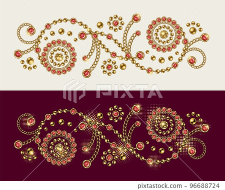 Baroque border motif with swirls. Ornament made made of gold jewelry chains, ruby gems, rhinestones, ball beads in vintage style. Vector illustration on white, red background. Baroque border motif with swirls. Ornament made made of gold jewelry chains, ruby gems, rhinestones, ball beads in vintage style. Vector illustration on white, red background. 96688724