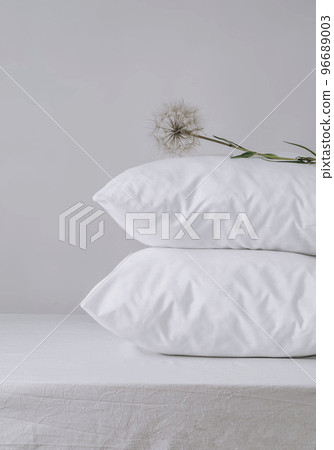 two comfortable pillows with dandelion. Concept of lightness and softness, home comfort, copy space. Good morning in daylight two comfortable pillows with dandelion. Concept of lightness and softness, home comfort, copy space. Good morning in daylight 96689003