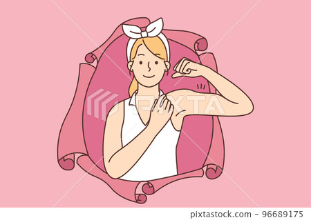 Smiling woman show biceps Smiling woman show biceps 96689175