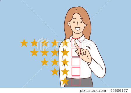 Smiling woman give five star feedback  96689177