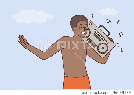 Happy black man enjoy music on stereo 96689179