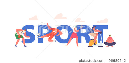 Virtual Sport Concept. Male and Female Characters wear VR Glasses Playing Soccer, Basketball, Tennis, Riding Bicycle 96689242