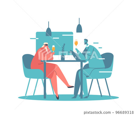 Virtual Romantic Relations, Dating. Happy Loving Couple of Male and Female Characters Wear Goggles Date in Restaurant Virtual Romantic Relations, Dating. Happy Loving Couple of Male and Female Characters Wear Goggles Date in Restaurant 96689318