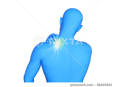 A man suffering from stiff shoulders: 3D illustration of a blue mannequin's upper body from behind 96689992