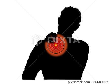 A man suffering from stiff shoulders, upper body silhouette seen from behind 96689994