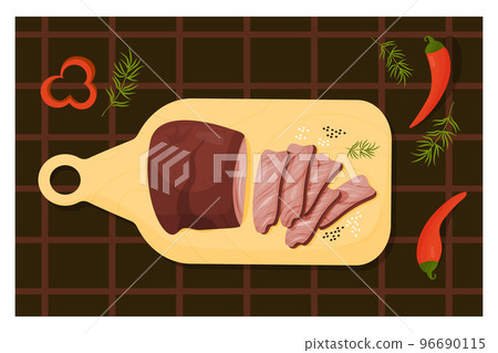 Carne Asada Grilled beef. Mexican popular grilled meat food. Kitchen board cut into pieces meat with chili peppers and herbs. Vector illustration of Latin American national dish. 96690115
