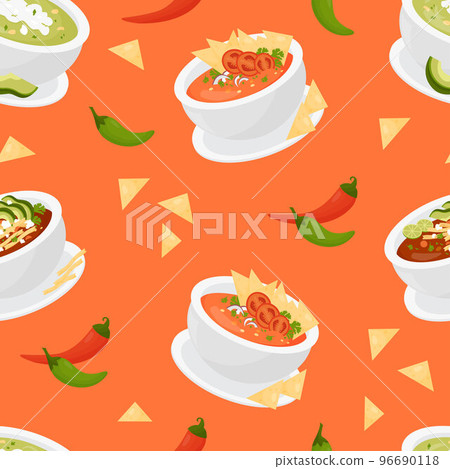 Seamless pattern with Mexican soups. Traditional Tomato Soup with tortilla chips and green soup with avocado on orange background with chili. Vector endless background with latin american food Seamless pattern with Mexican soups. Traditional Tomato Soup with tortilla chips and green soup with avocado on orange background with chili. Vector endless background with latin american food 96690118