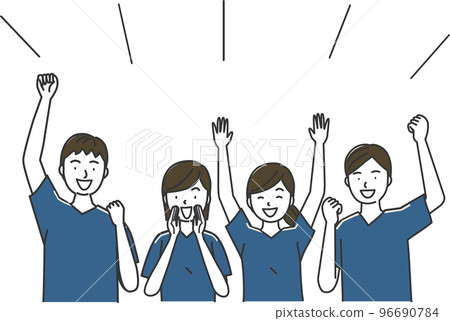 Two men and two women wearing uniforms and cheering 96690784