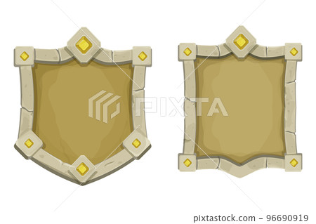 Set stone frame with border and gemstones, shield shape, empty medieval menu panel in cartoon style isolated on white background. 96690919