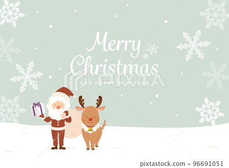 Christmas snowy field Santa Claus and reindeer frame background green 96691051