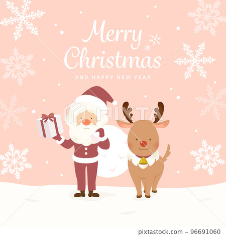聖誕雪地聖誕老人和馴鹿框架背景粉紅色 聖誕雪地聖誕老人和馴鹿框架背景粉紅色 96691060