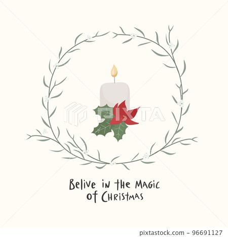 Christmas candle with quote, text, mistletoe wreath vector illustration. Can use for banner, web, mail, card. Christmas candle with quote, text, mistletoe wreath vector illustration. Can use for banner, web, mail, card. 96691127