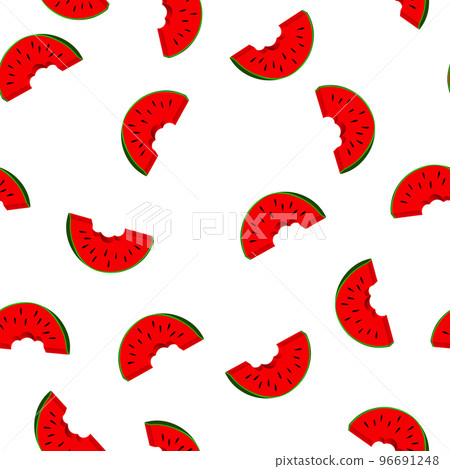 Seamless pattern with watermelon slice on white background. Summer illustration with colorful cute fruits. Food concept. Vector print for invitation, poster, card, fabric, textile. Seamless pattern with watermelon slice on white background. Summer illustration with colorful cute fruits. Food concept. Vector print for invitation, poster, card, fabric, textile. 96691248