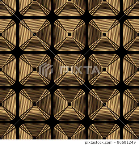 Art deco design. Abstract geometric seamless pattern with golden squared ornament on black background. Vintage decorative texture. Modern stylish luxury illustration for wallpaper, web page, textile. Art deco design. Abstract geometric seamless pattern with golden squared ornament on black background. Vintage decorative texture. Modern stylish luxury illustration for wallpaper, web page, textile. 96691249