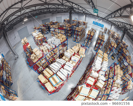 fish eye view of the interior of an industrial warehouse. fish eye view of the interior of an industrial warehouse. 96691556