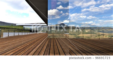 Innovative glazing of a country futuristic house. High-strength panoramic energy-efficient windows do not let in ultraviolet rays. 3d render. Innovative glazing of a country futuristic house. High-strength panoramic energy-efficient windows do not let in ultraviolet rays. 3d render. 96691723