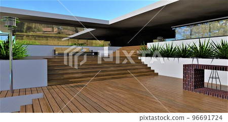 Multi-level wooden deck adjoining a chic contemporary home. Tropical plants, comfortable furniture and a red brick bar. 3d render. Multi-level wooden deck adjoining a chic contemporary home. Tropical plants, comfortable furniture and a red brick bar. 3d render. 96691724