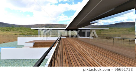 Wooden terrace of an advanced modern country estate. Innovative solid energy-saving windows with tempered glass. 3d render. 96691738