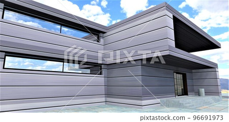 High tech future architecture house exterior. Energy-saving, durable, aesthetic, hermetic, ventilated facade with incoming air purification. Special alloy metal coating ensures long service life. 3d High tech future architecture house exterior. Energy-saving, durable, aesthetic, hermetic, ventilated facade with incoming air purification. Special alloy metal coating ensures long service life. 3d 96691973