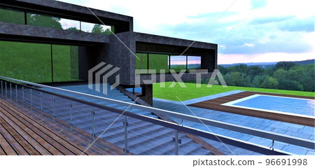 Glass railing with metal fastening on the terrace of a modern high-tech country house with a swimming pool on a green meadow. 3d rendering. 96691998
