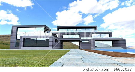 A wonderful eco-friendly country house with an exterior made of special heat-efficient, durable, aesthetic steel panels with mineral wool inside. 3d render. 96692038