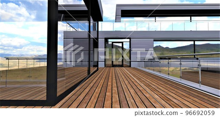 Corner energy-saving four-chamber window overlooking a terrace with a wooden covering. Glass hinged automatic entrance door to the room. 3d render. Corner energy-saving four-chamber window overlooking a terrace with a wooden covering. Glass hinged automatic entrance door to the room. 3d render. 96692059