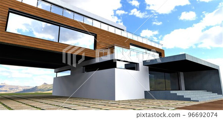 Stylish courtyard of an eco-friendly country house. Large concrete block. Concrete porch. Facade decoration with wood. Mountains in the background. 3d render. 96692074