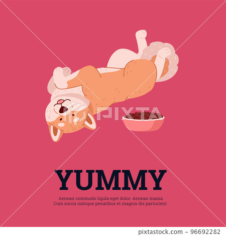 Banner with shiba inu lying on back next to bowl of food flat style Banner with shiba inu lying on back next to bowl of food flat style 96692282