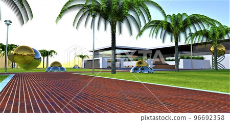 Amazing sunset in mountains near contemporary ecological comfortable estate. Red brick walkway with curb. Palms and strange steel installations on the lawn. 3d rendering. Amazing sunset in mountains near contemporary ecological comfortable estate. Red brick walkway with curb. Palms and strange steel installations on the lawn. 3d rendering. 96692358