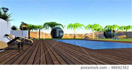 Foot-friendly decking by the pool with sun loungers in the backyard seating area of a stylish futuristic home. Photovoltaic balls play an energy storage and aesthetic role. 3d rendering. 96692362