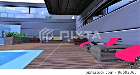 A comfortable seating area on a wooden deck near the pool in the courtyard of a private European housing in a futuristic style. 3d rendering. 96692363