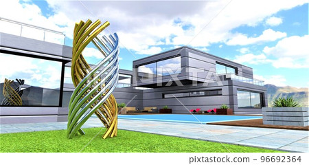A metal installation made of gold and chrome on the lawn in the territory of a wonderful suburban home of the future. 3d rendering. 96692364